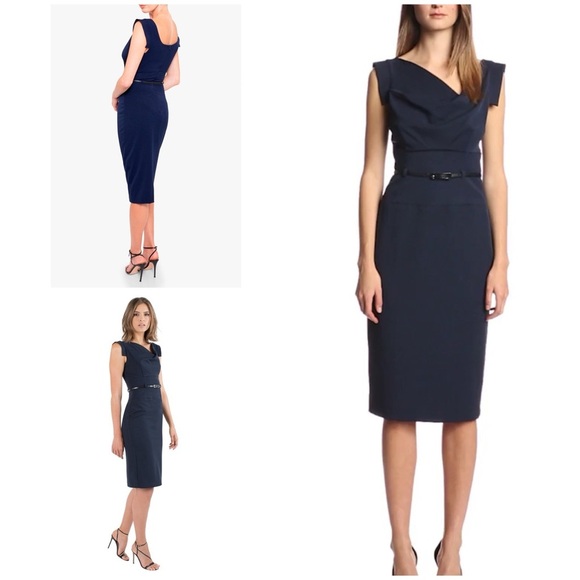 EUC Black Halo Classic Jackie O Leather Belted Navy Blue Cocktail Sheath Dress 4 Dresses EUC Black Halo Classic Jackie O Leather Belted Navy Blue Cocktail Sheath Dress 4 Dresses